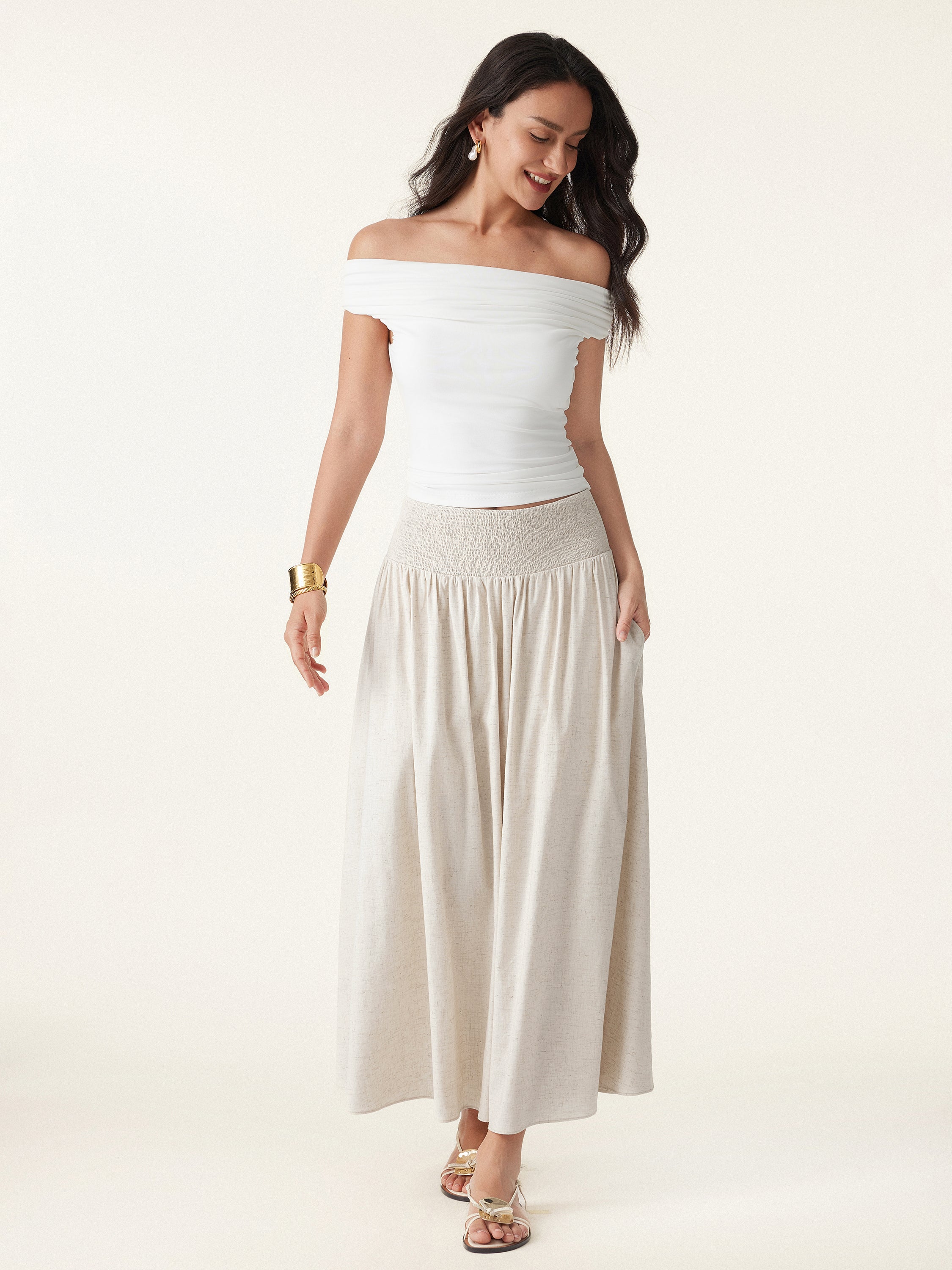 European Linen Smocked Waist Skirt Pockets