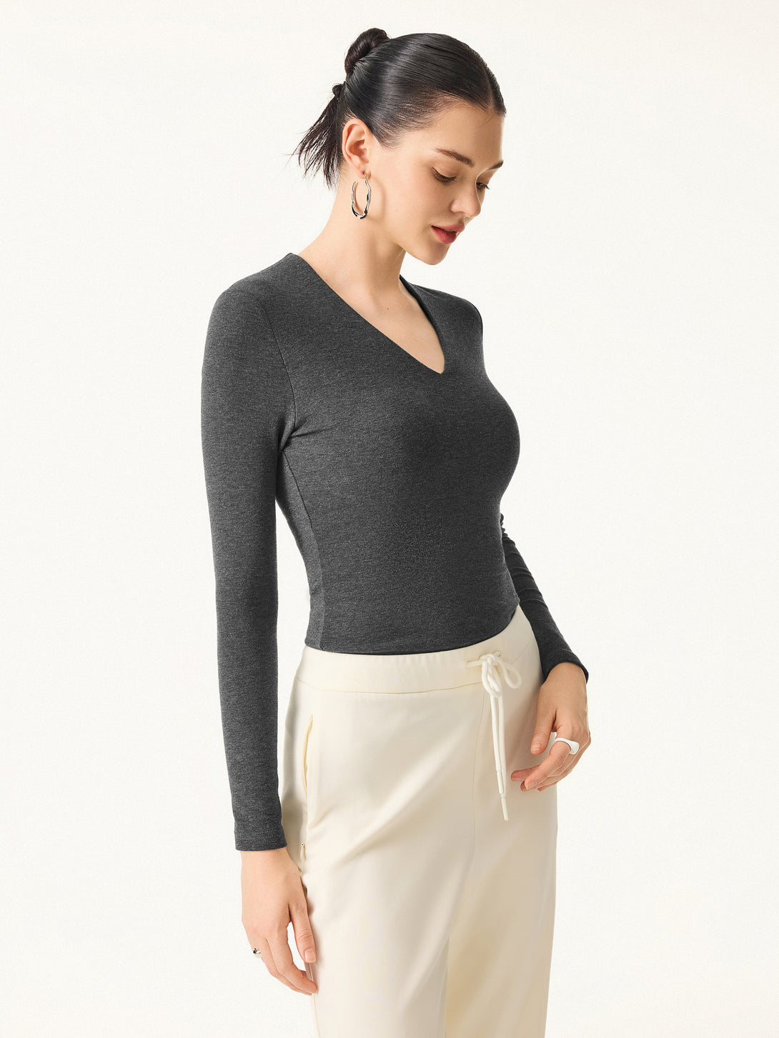 Stretch Cotton V-Neck Long Sleeve Brami Top