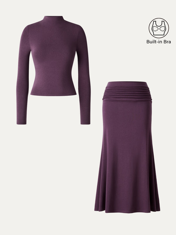 OGLmove 2Pcs Set ProWarm Mock Neck Long Sleeve Bra Top & Mid-Rise Ruched Flared Midi Skirt