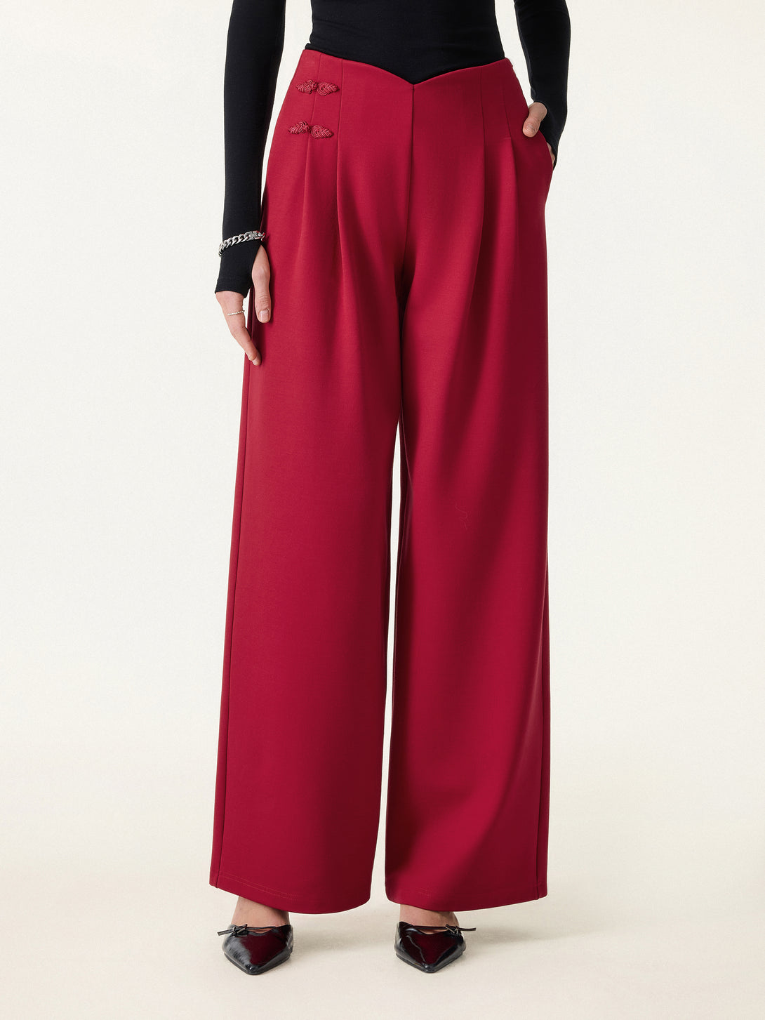 Statement Frog Button High Rise Wide Leg Pants with Pockets