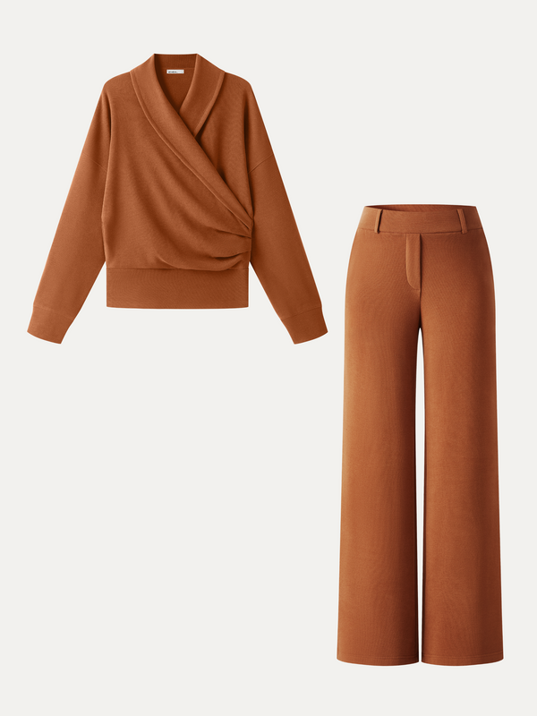 OGLmove 2Pcs Set MaxWarm Crossover Shawl Collar Tucked Banded Hem Top & Mid-Rise Wide Leg Pants with Pockets