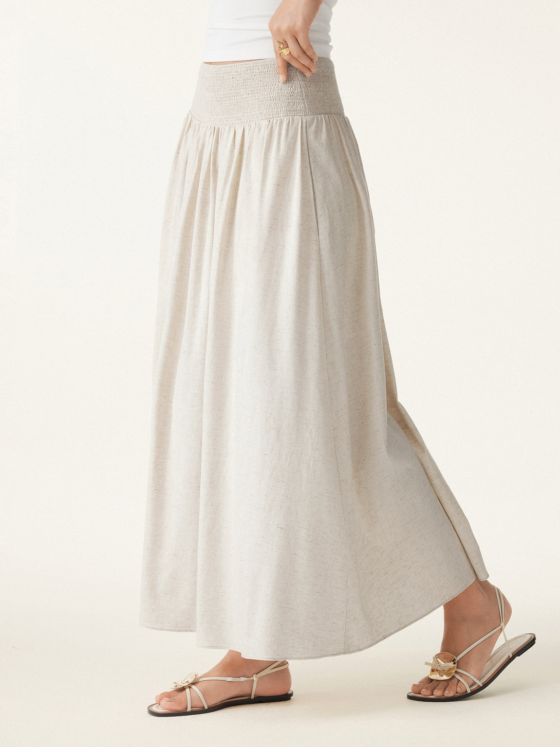 European Linen Smocked Waist Skirt with Pockets