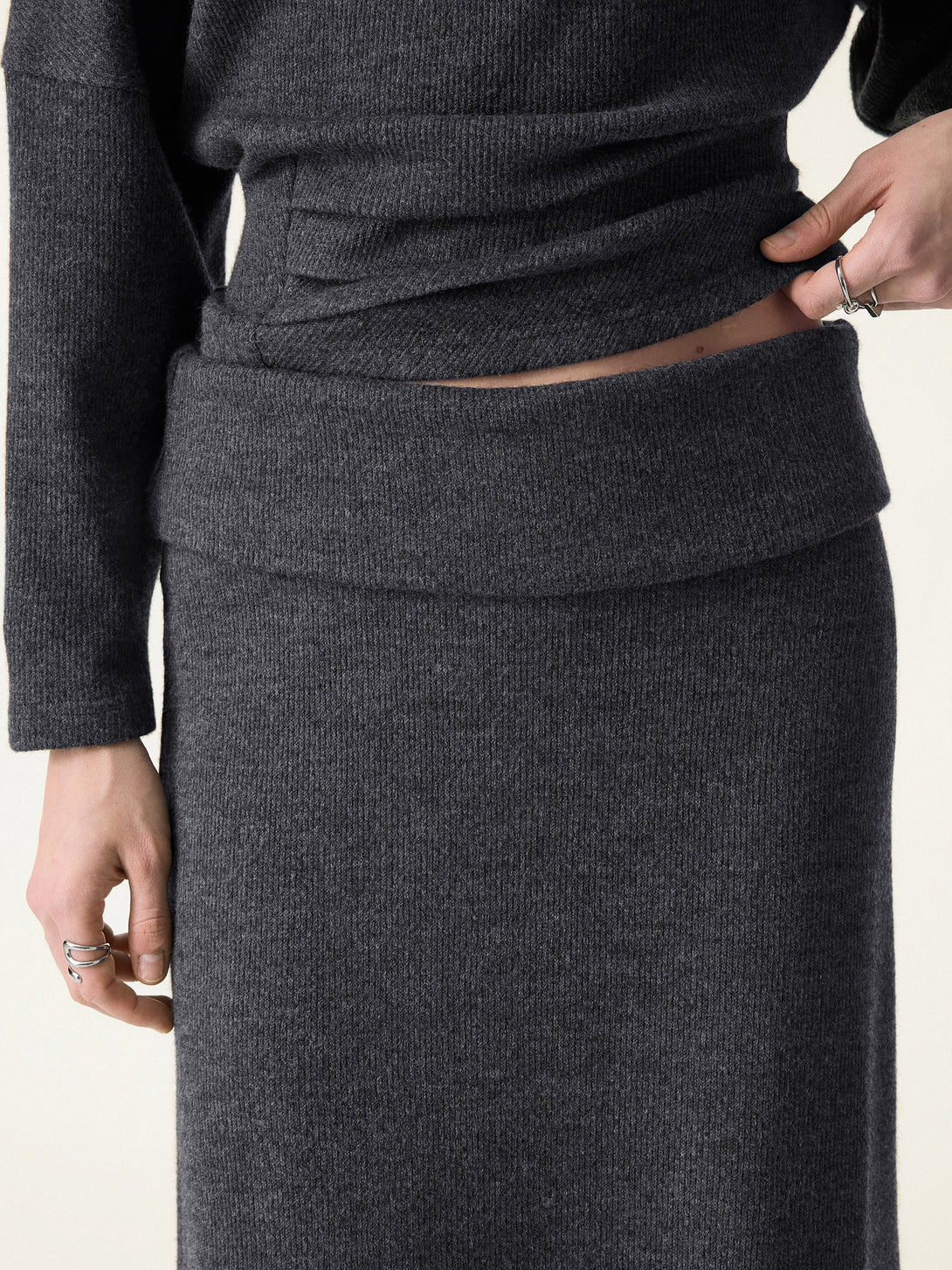 Cozy Ribbed Fold-Down Waistband A-line Maxi Skirt