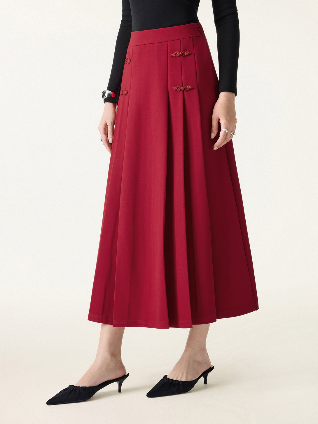 Pleated Frog Button Decor Midi A-line Skirt