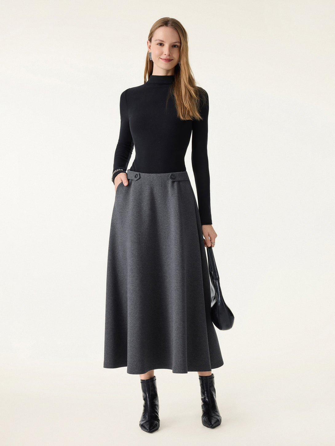 Cozy Warm Tailored Midi Circle Skirt with Pockets