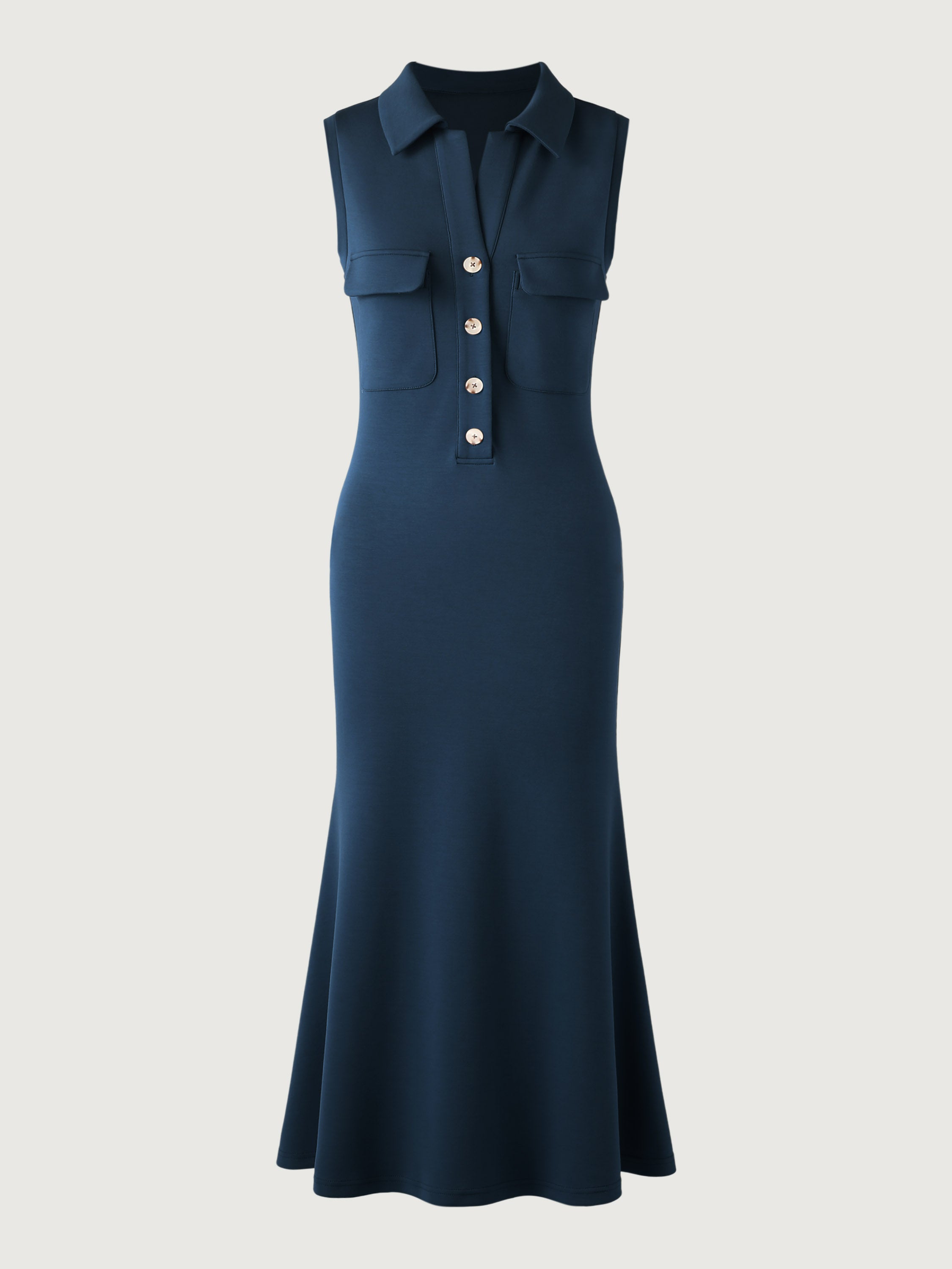 ButterCream Flap Pocket Sleeveless Polo Midi Dress - Ink Blue