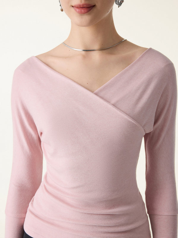 Lyocell Wool Surplice Long Sleeve Top with Thumbholes