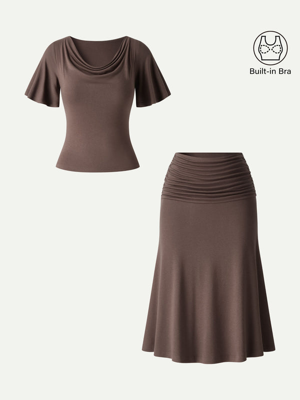 OGLmove 2Pcs Set Flutter Sleeve Bra Top & Midi Mermaid Skirt