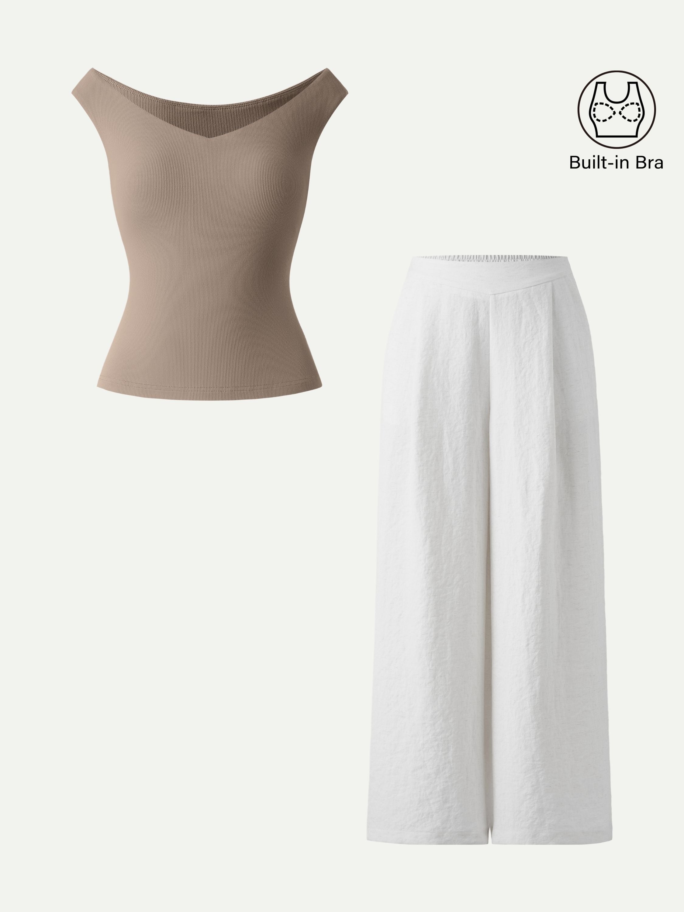 2Pcs Set V neck Bra Top & Mid Rise Wide Leg Pant Pockets