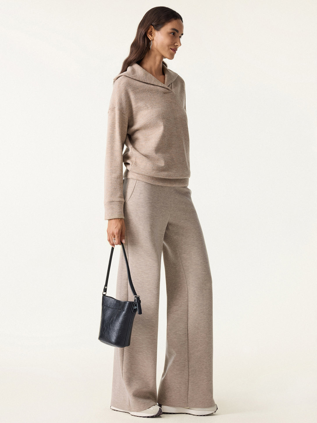 2Pcs Set Petite Double Waistband Straight Pants & V-Neck Batwing Sleeve Pullover