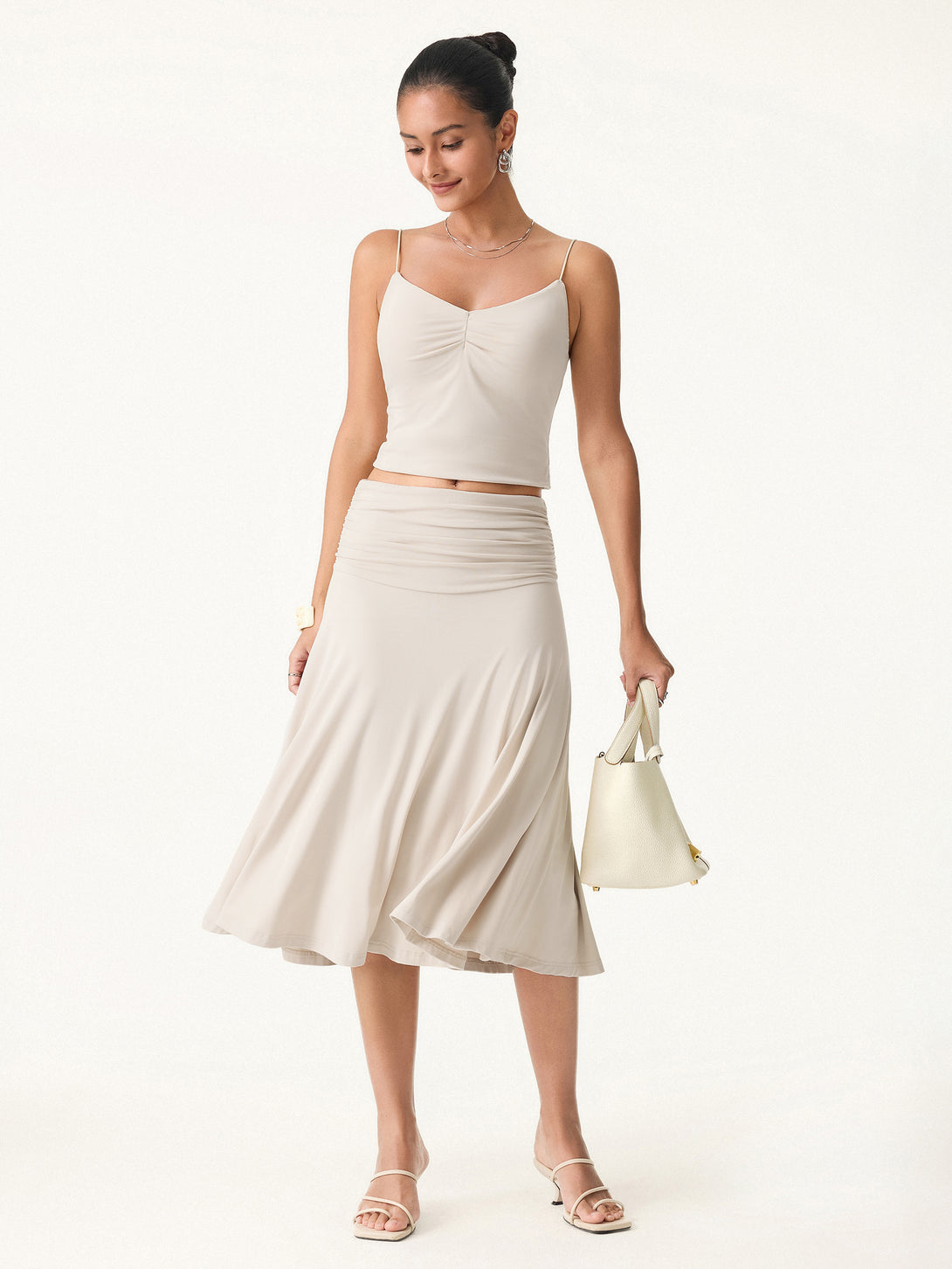 Flowy Side Ruched A-line Midi Skirt Fog XS