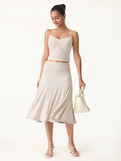 OGLmove 2Pcs Tie Back Bandless Bra Tank & Side Ruched A-line Midi Skirt