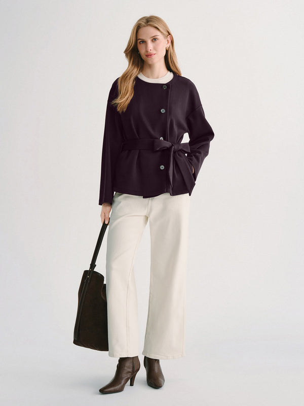 OGLmove Bamboo-Blend Round Neck Long Sleeve Belted Jacket with Pockets