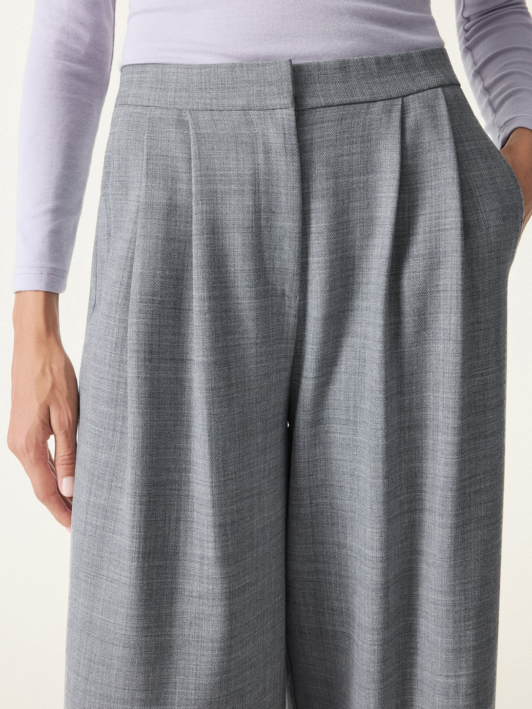 4-way Stretch Wool Mid Rise Pleated Wide Leg Trousers with Pockets