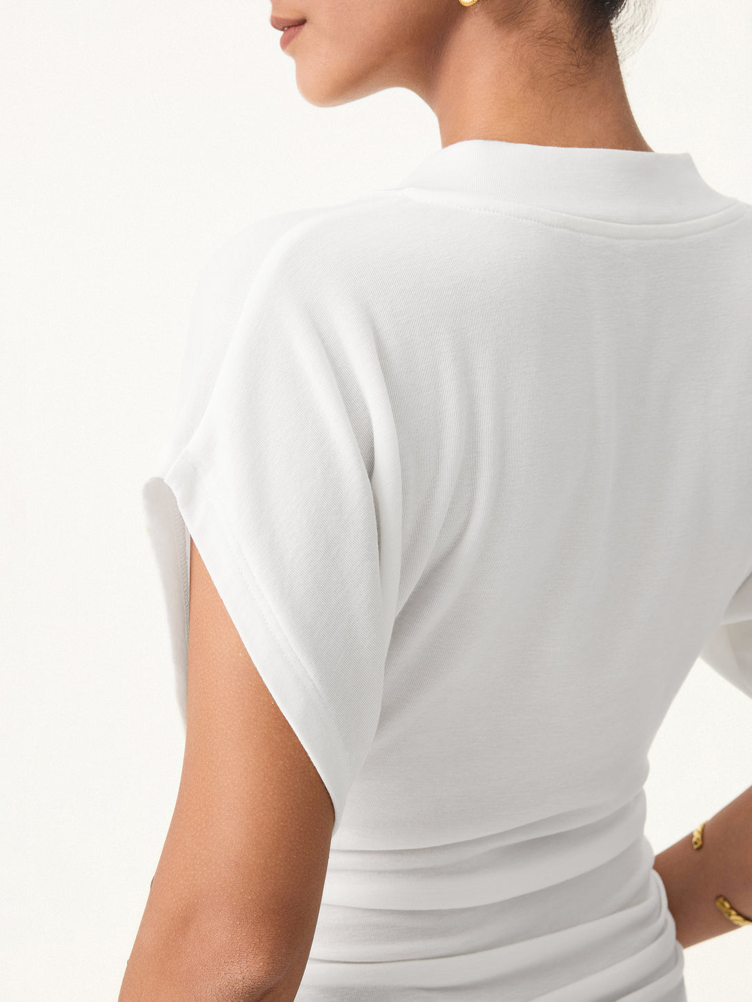 Semi-sheer Lyocell Cashmere Blend V-neck Short Sleeve Side Ruched Tee