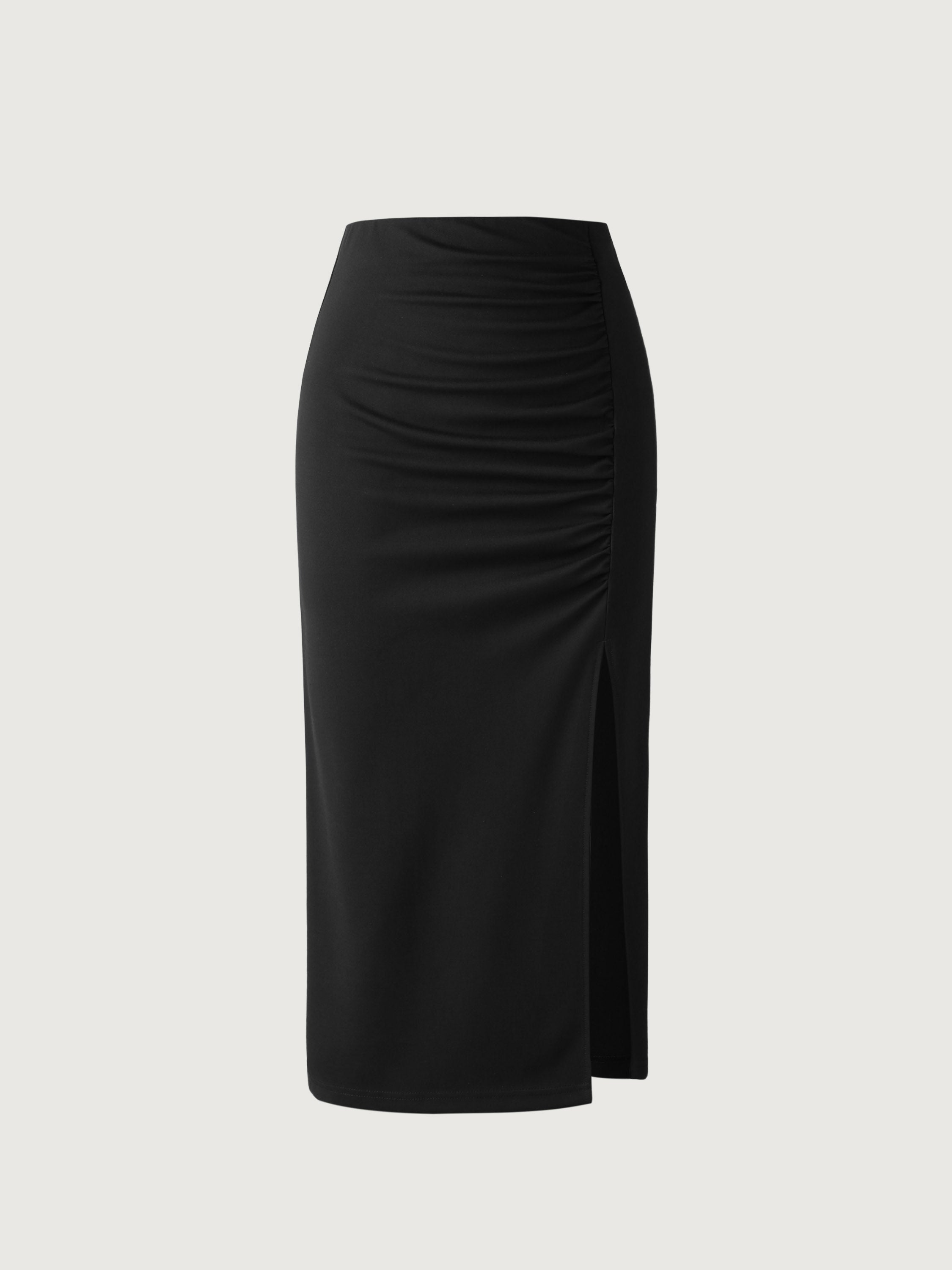 Ruching Slit Midi Skirt - Black