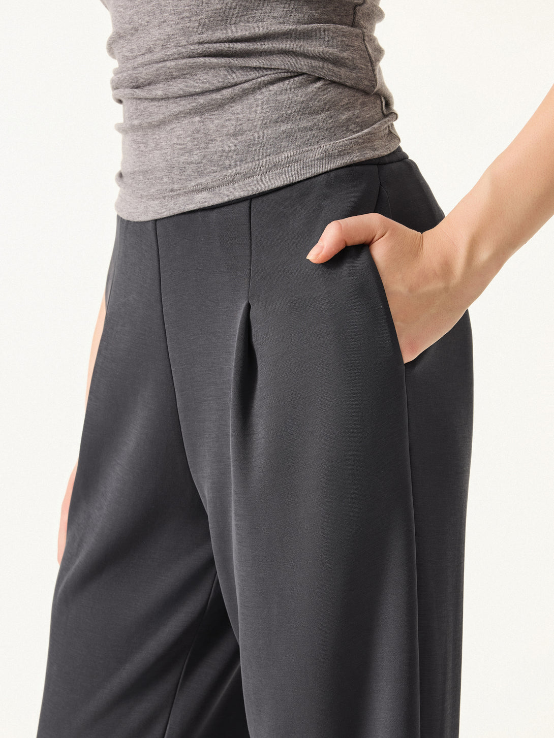 Sandwashed Spacer Mid Rise Straight Leg Pull-on Trousers with Pockets