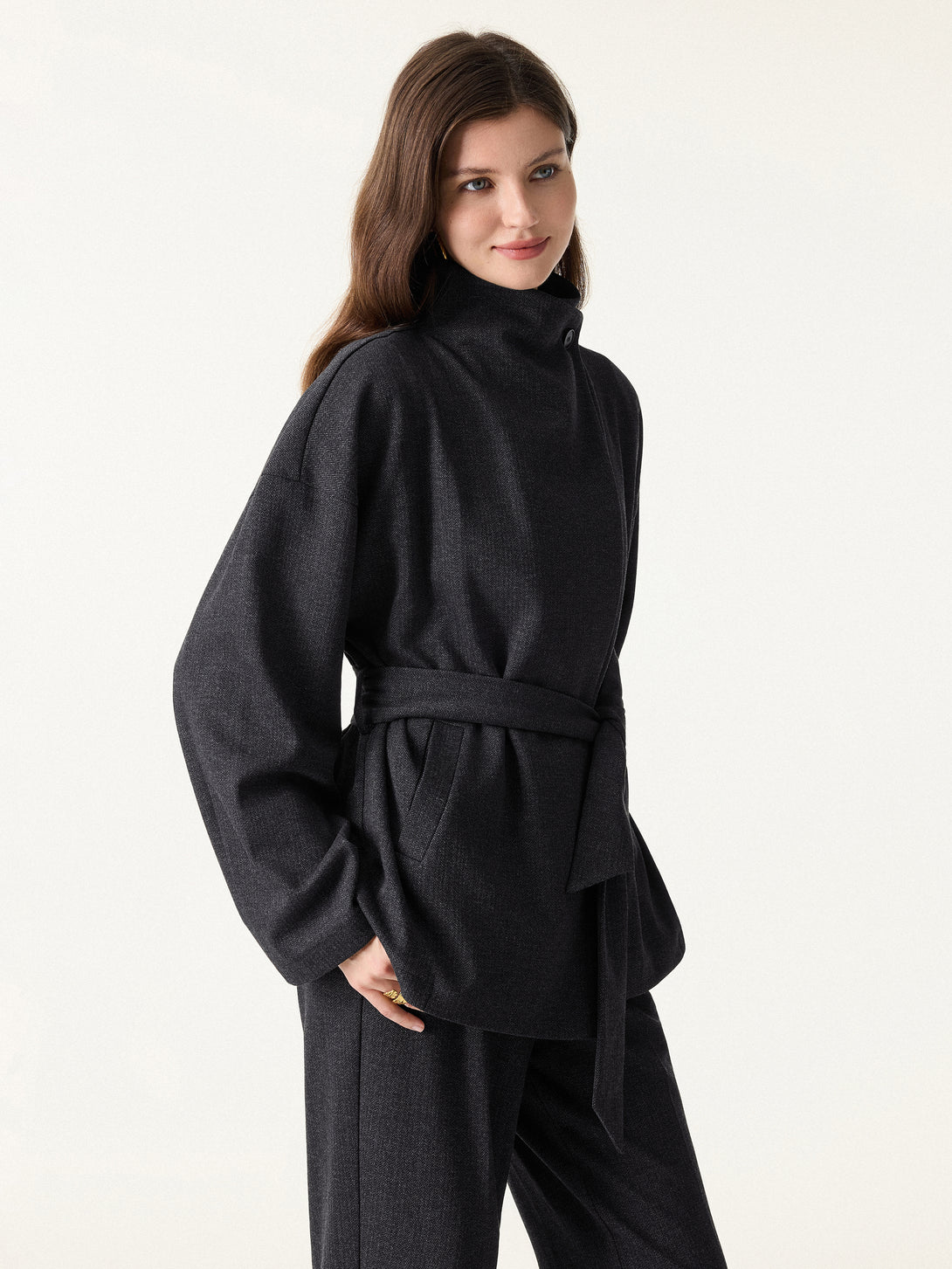 Herringbone Retro Belted Jacket with Pockets