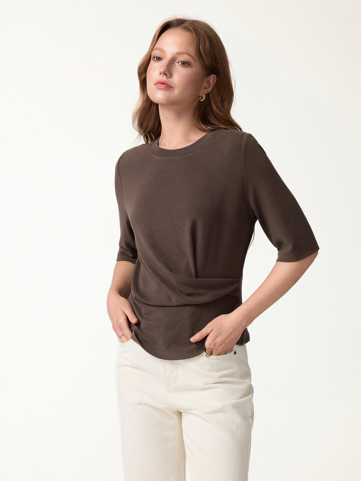 Eco-Mousse Round Neck Elbow Sleeve Side-Tuck Top