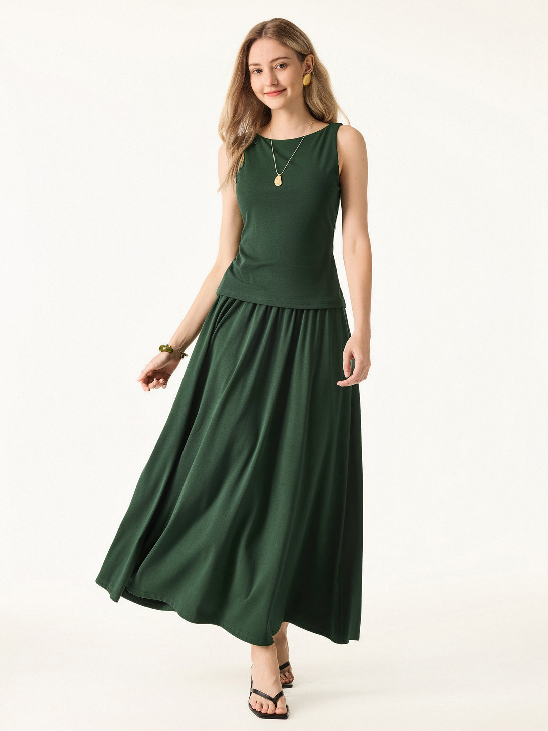 Stretch Cotton Maxi Umbrella Skirt with Pockets