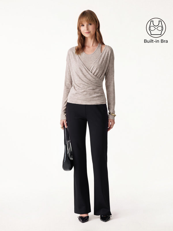 OGLmove 2Pcs Set Surplice Ruched Built-In Bra Top 2.0 & Slim Flared Pants with Pockets Heather Pinky Mist/Pure Black XXS