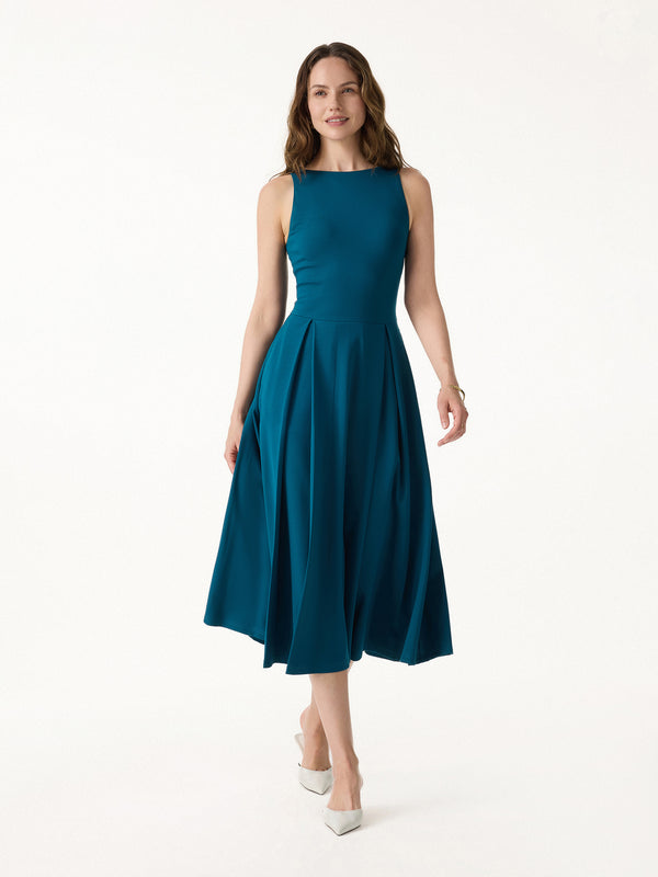 OGL Boatneck Pleated Fit-and-Flare Midi Bra Dress with Pockets – OGLmove