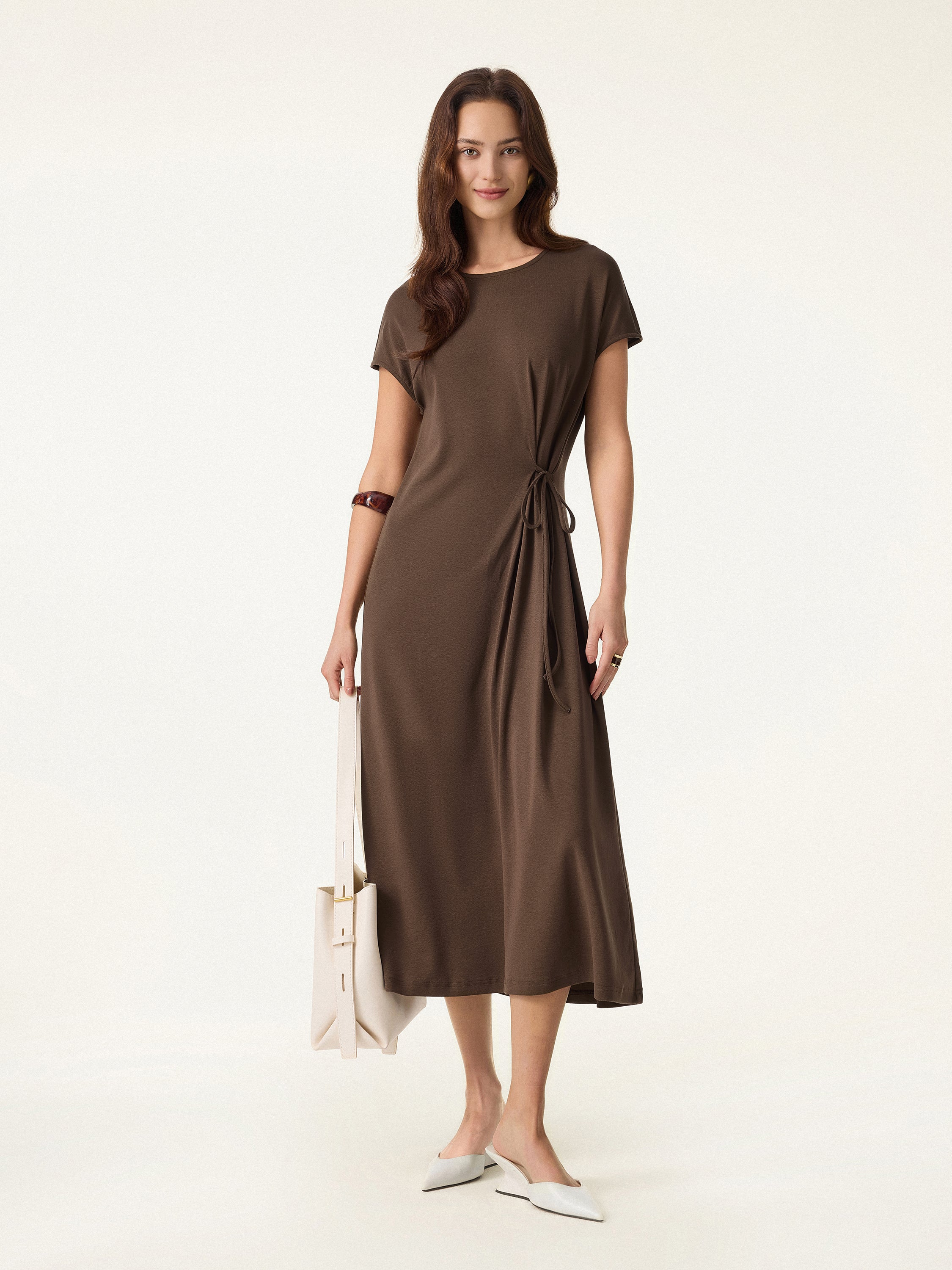 Cotton Lyocell Easy Airy Midi Dress Self Tie