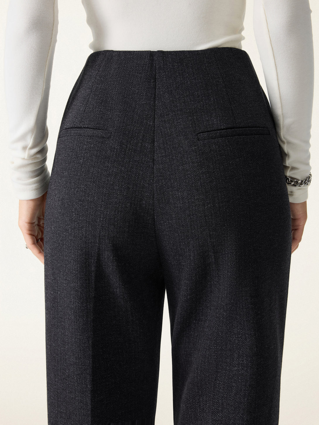 Herringbone High Rise Tapered Leg Trousers with Pockets