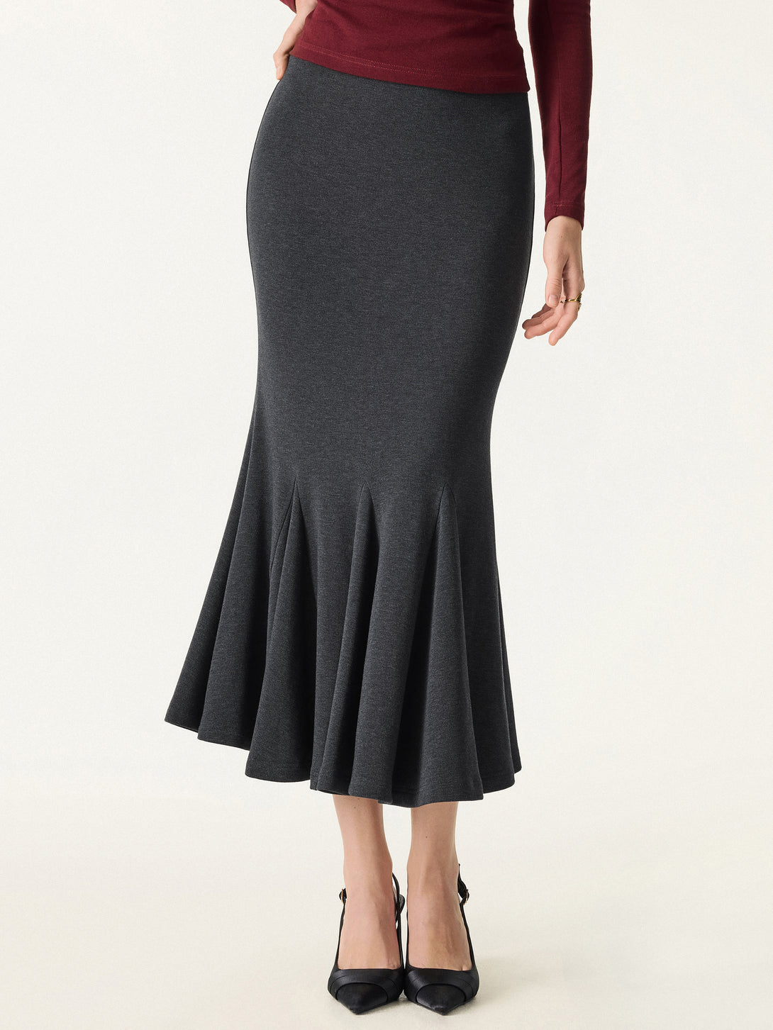 Brushed Inside Mermaid Flare Pull-On Midi Skirt