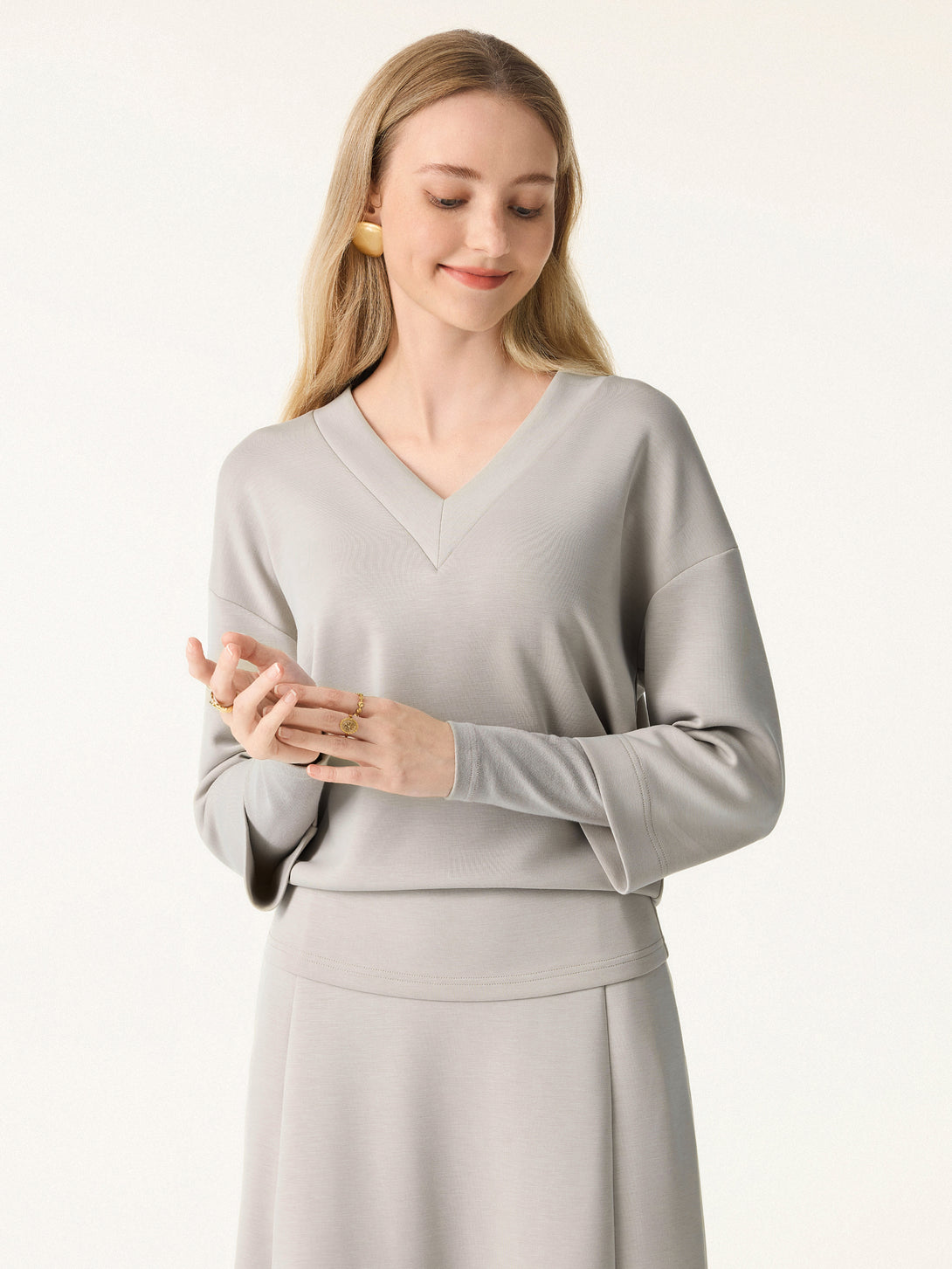 V-neck Hip Length Top with Sleeve Warmers