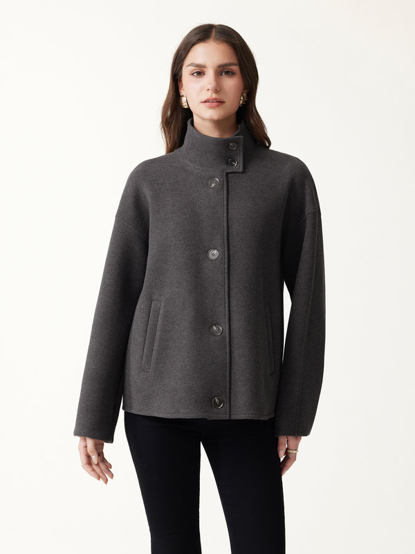 OGLmove FuzzLuxe Stand Collar Long Sleeve Button-Down Jacket with Pockets Heather Shadow Grey XXS