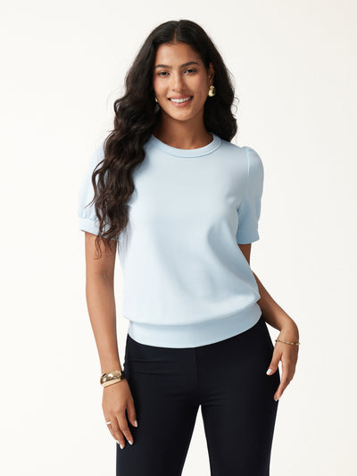 OGLmove Lyocell Spacer Round Neck Puffed Short Sleeve Banded Hem Top Sky Glass Blue XXS