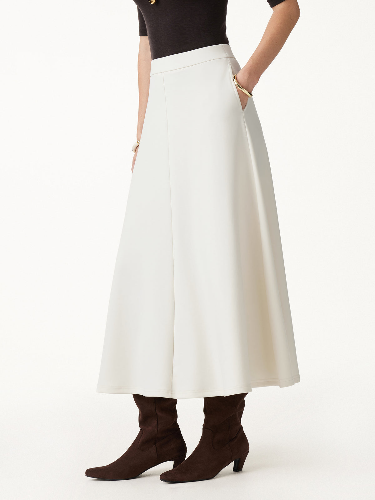Modal Spacer Knit High Rise Umbrella Midi Skirt Pockets