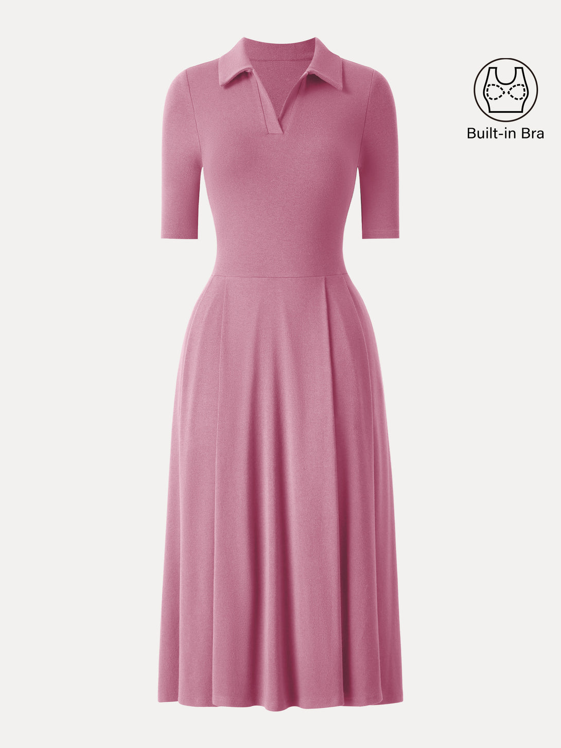 Polo Neck Elbow Length Sleeve Midi Brami Dress with Pockets Rose XS