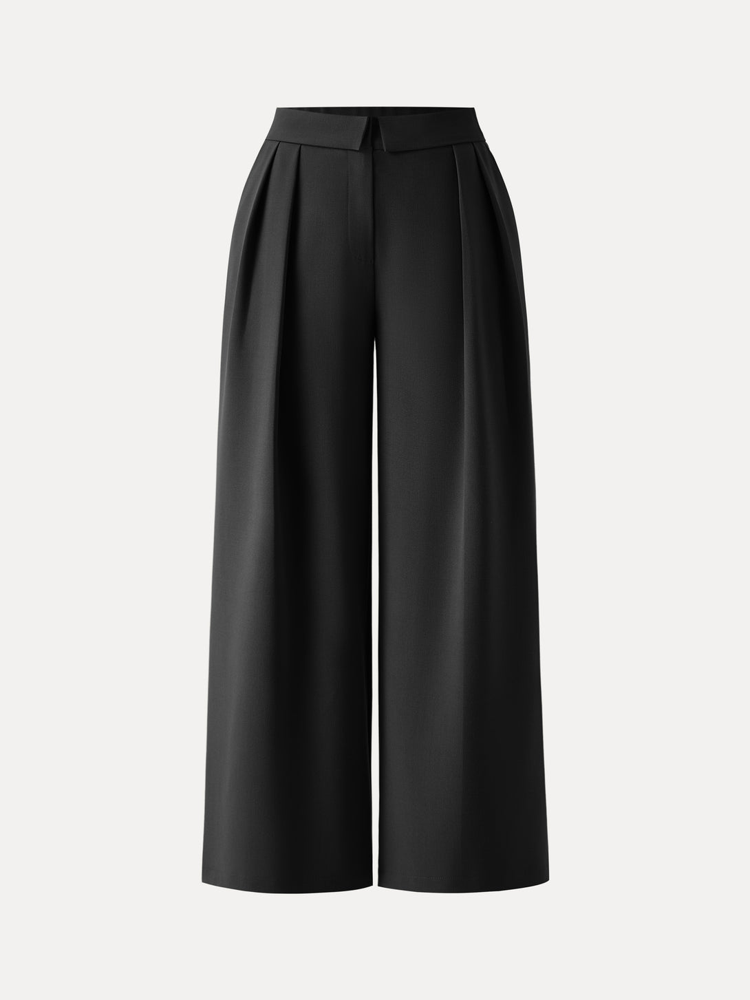 Fold-Over Pleated Midi Rise Wide Leg Trousers with Pockets Petite Black