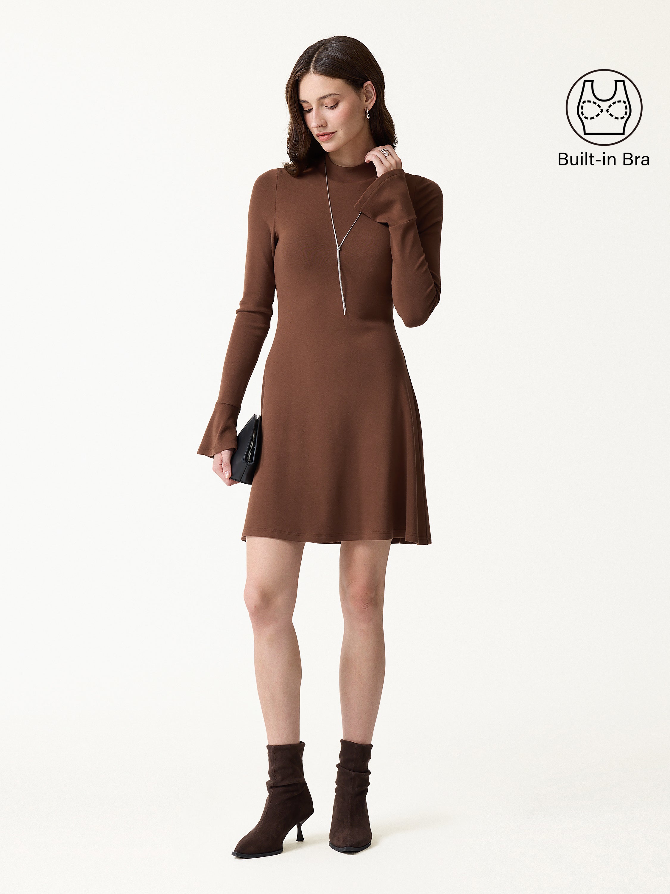 OGL Eco-Mousse® Mock Neck Flared Long Sleeve A-Line Mini Bra Dress – OGLmove