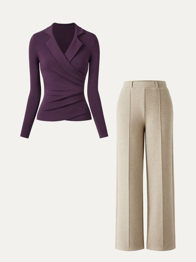 OGLmove 2Pcs Set Collared Surplice Top & High Waisted Straight Leg Pull On Pant Deep Fig/Heather Morganite XXS