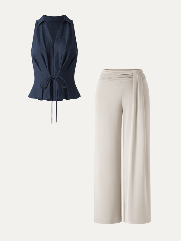 OGLmove 2Pcs Set Collared V-neck Top & Mid-Rise Wide-Leg Lounge Pants