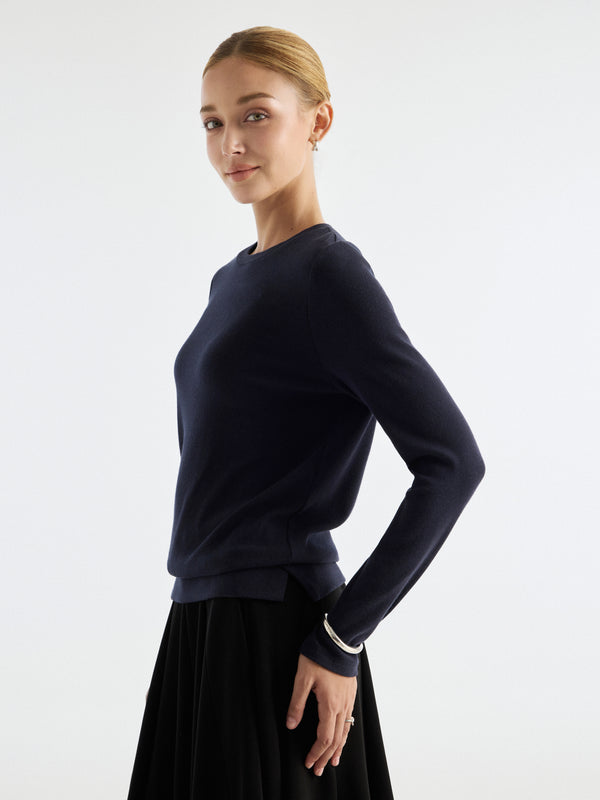 OGLmove LiteWarm Round Neck Long Sleeve Side-Slit Banded Hem Top Smoky Navy XXS