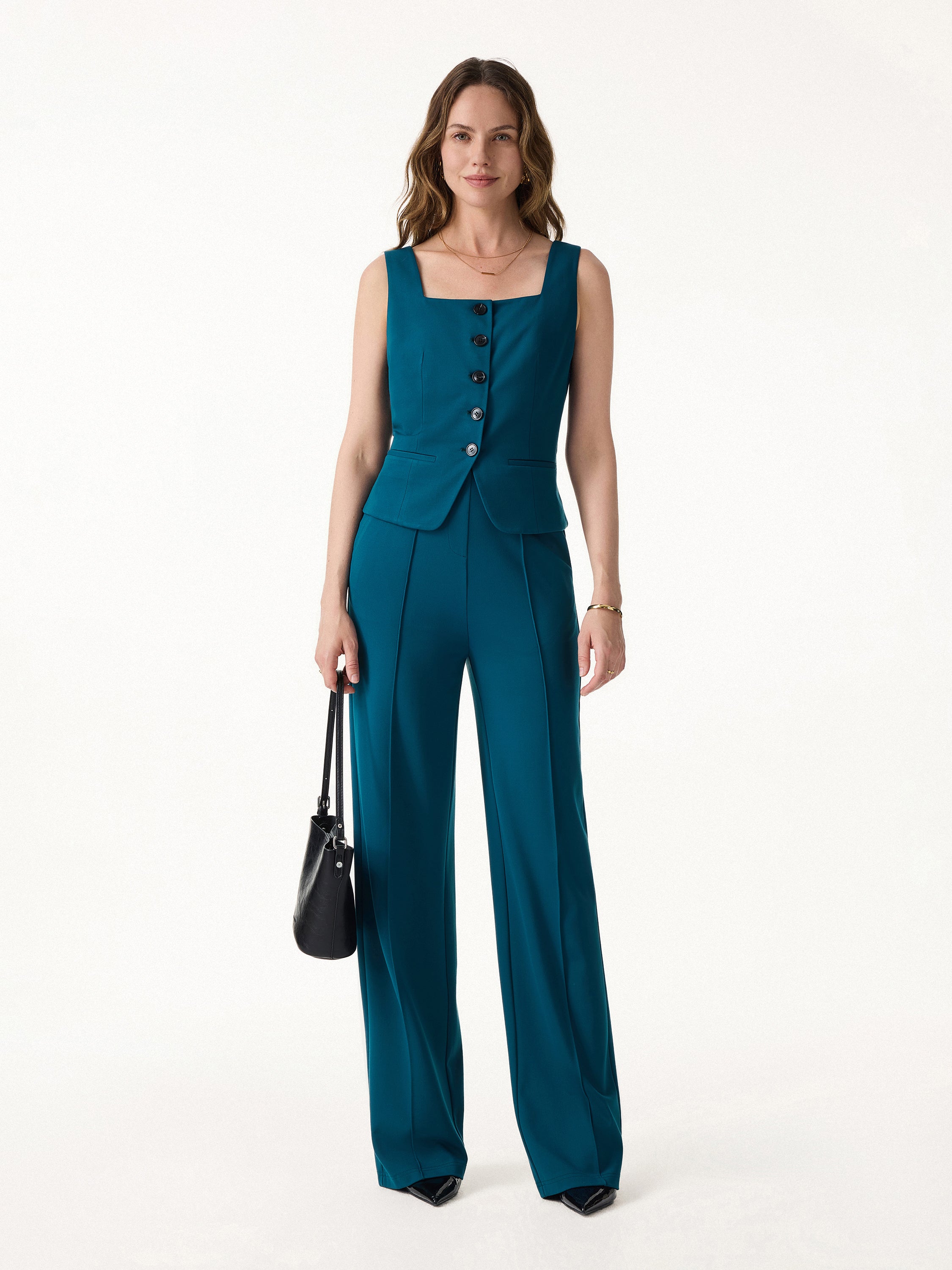 2Pcs Set Square Neck Waistcoat Pockets & Wide Leg Ankled Pant