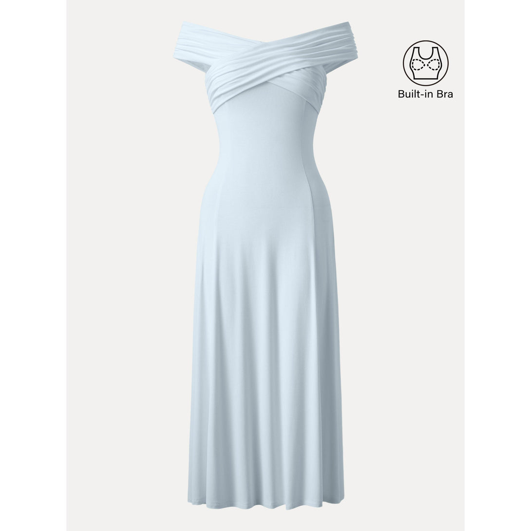 Flowy Criss Cross Off-shoulder Midi Brami Dress Sky Glass XS