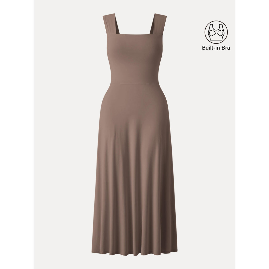 Flowy Square Neck Wide Straps Midi Brami Dress with Pockets Iced Mocha S