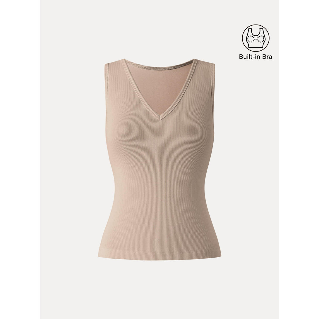 Stretch Cotton Pointelle V-neck Sleeveless Brami Tank Tan S