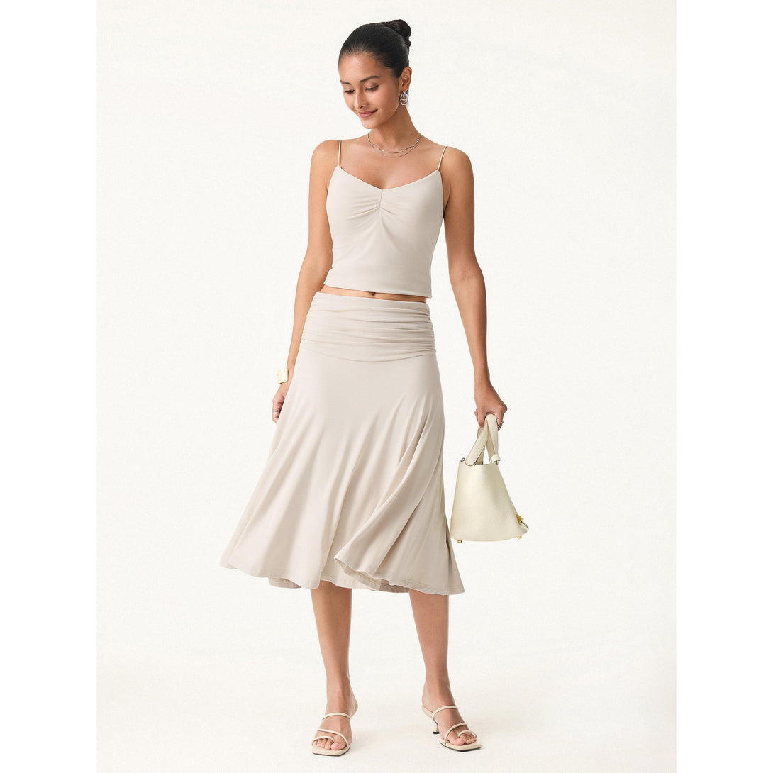2Pcs Set Multi-wear Versatile Necklines Brami Top & Flowy Side Ruched A-line Midi Skirt