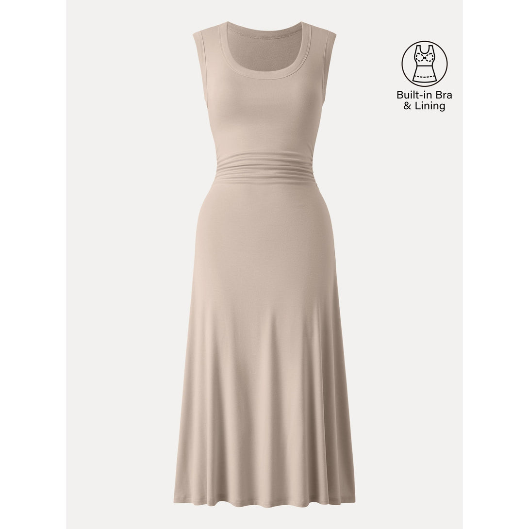 Scoop Neck Side Ruched New Airy Brami Midi Dress Oatmeal S