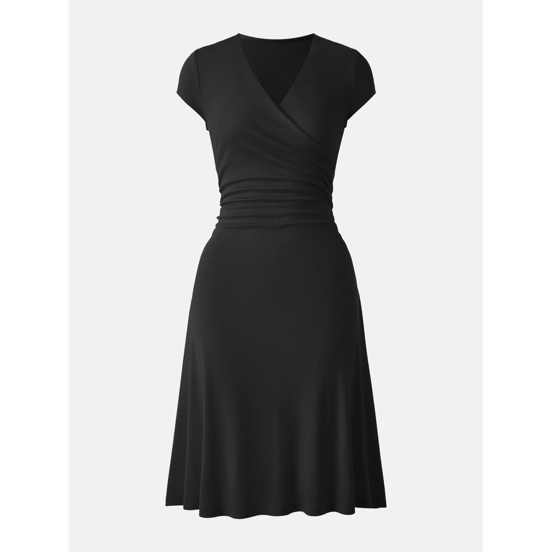 Stretch Cotton Surplice V-neck Cap Sleeve Midi Dress Black XS