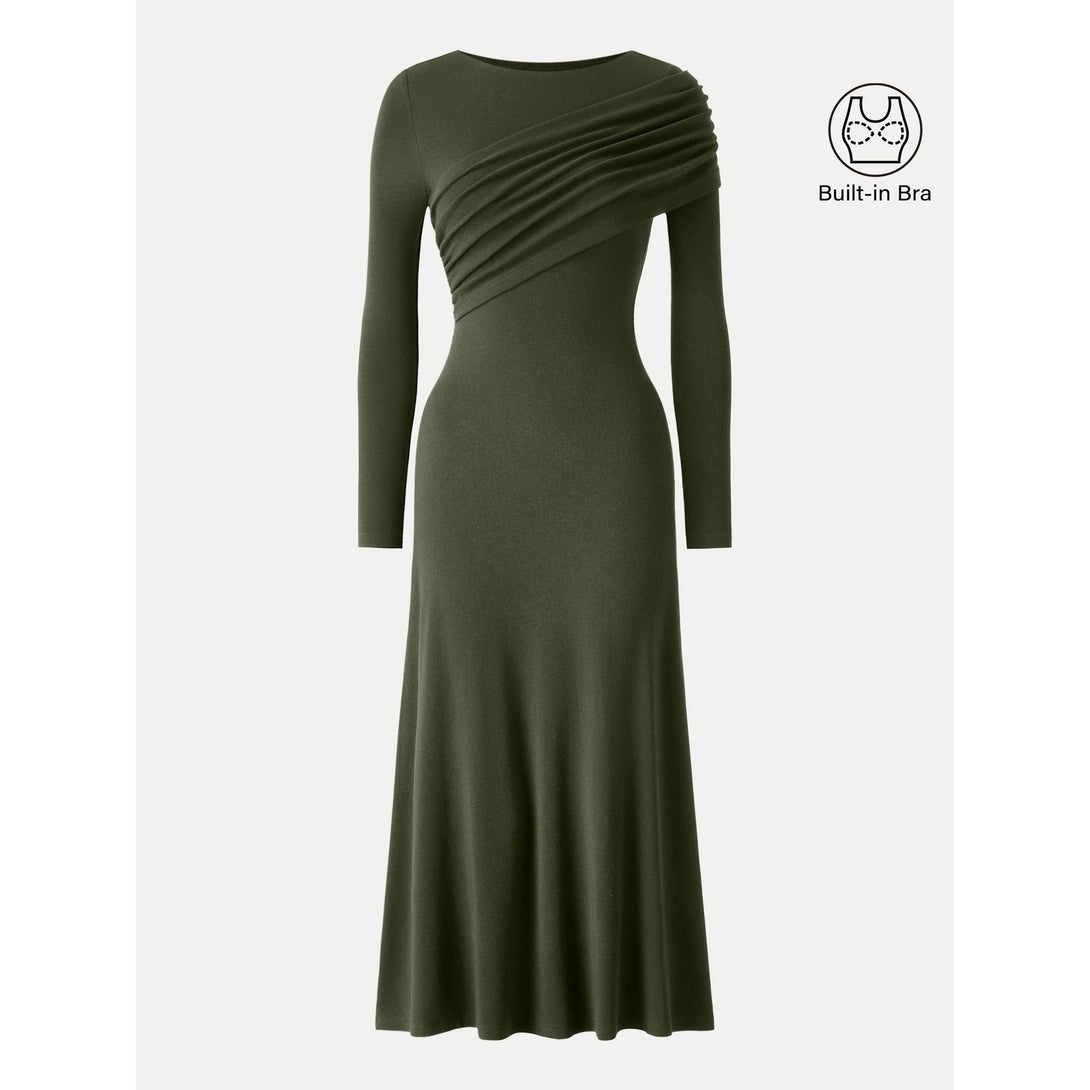 Chic Boatneck Ruched Midi Brami Dress Deep Olive XS