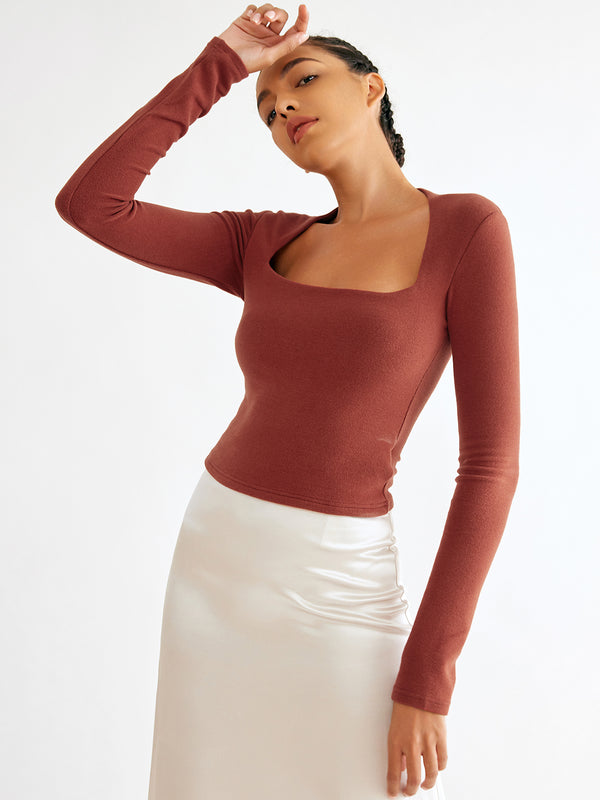 Eco-Mousse® Brushed Tapered Square Neck Long Sleeve Top
