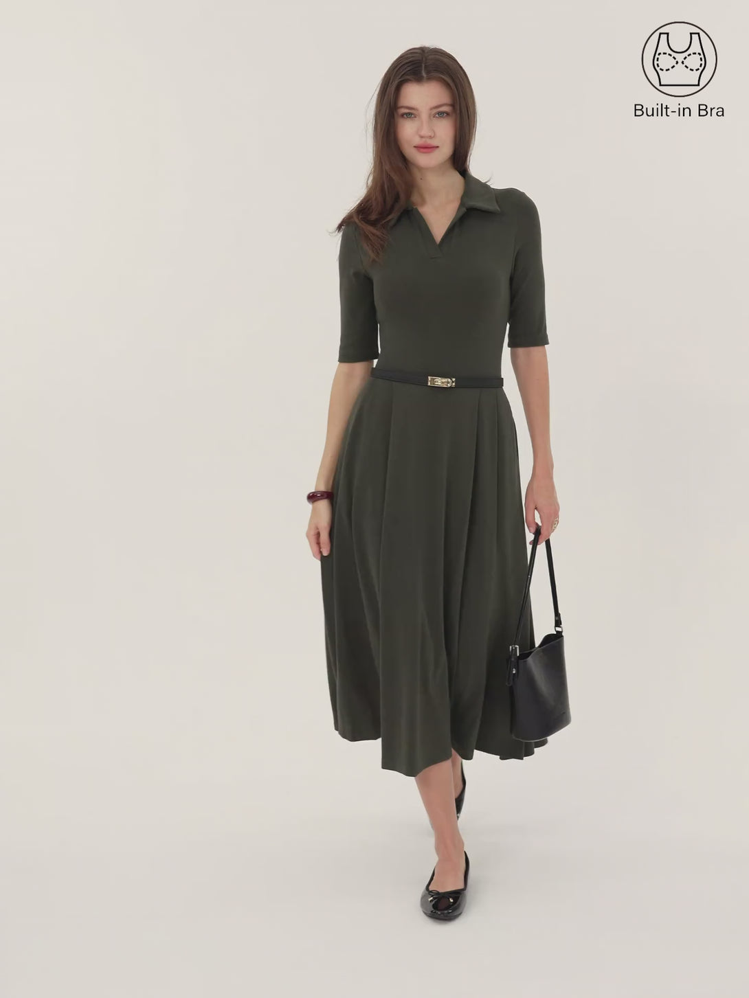 Polo Neck Elbow Length Sleeve Midi Brami Dress with Pockets
