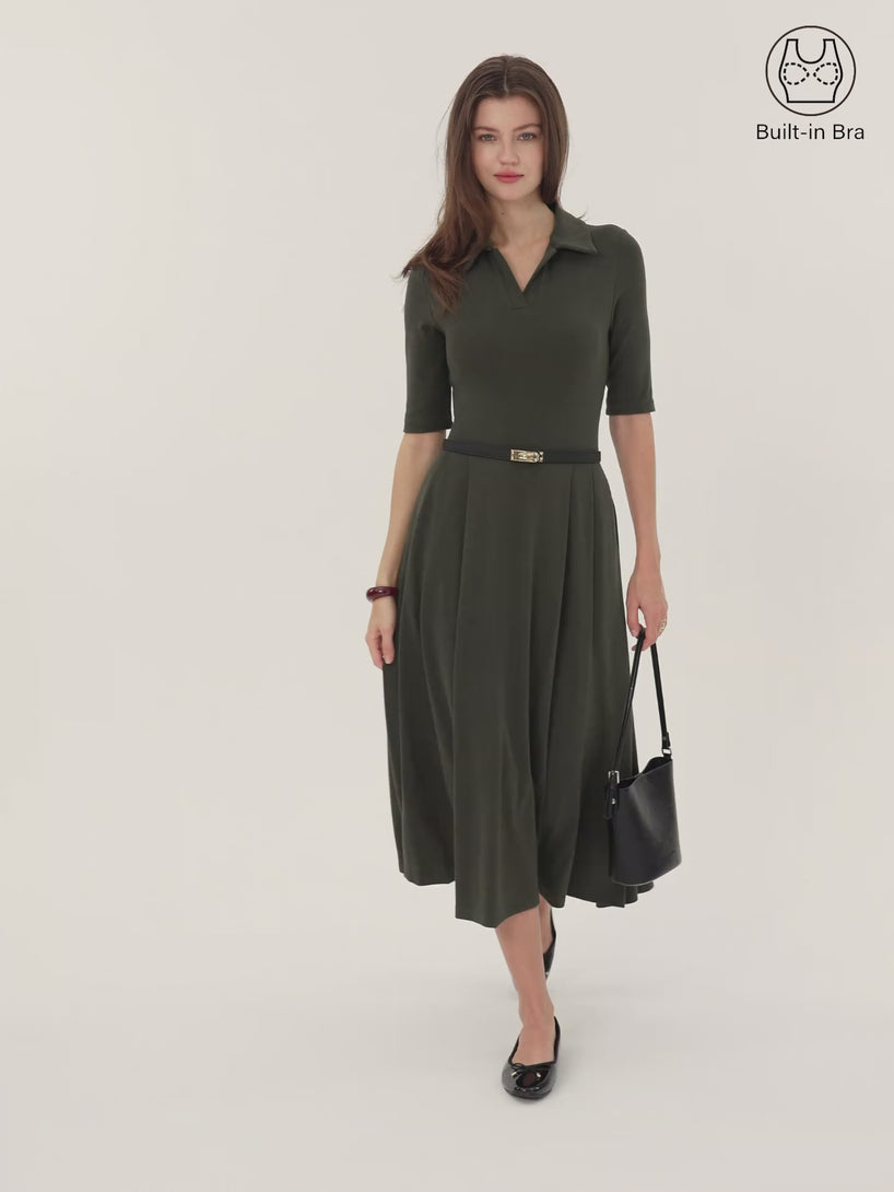 Polo Neck Elbow Length Sleeve Midi Brami Dress with Pockets